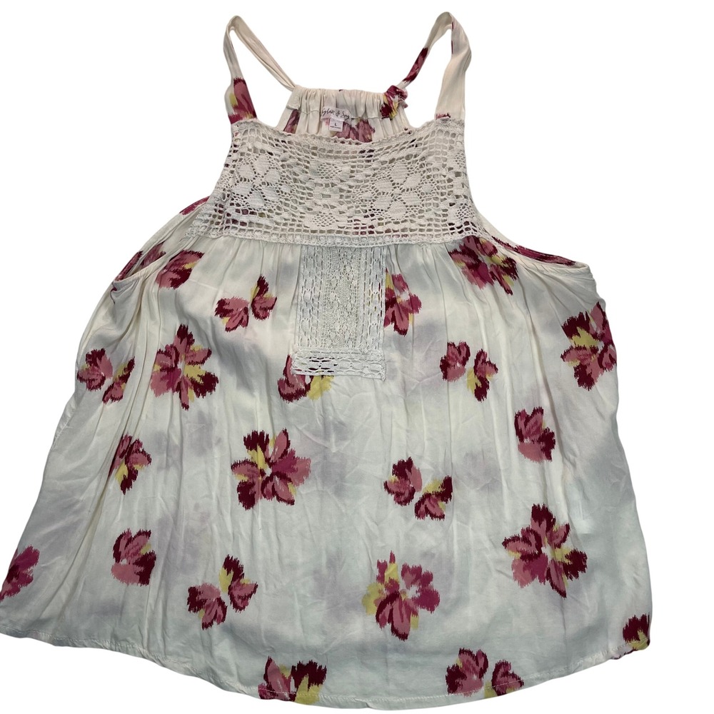 Taylor & Sage Tank Womens L Cream Pink Floral Crochet Lace Boho Fairy Peasant